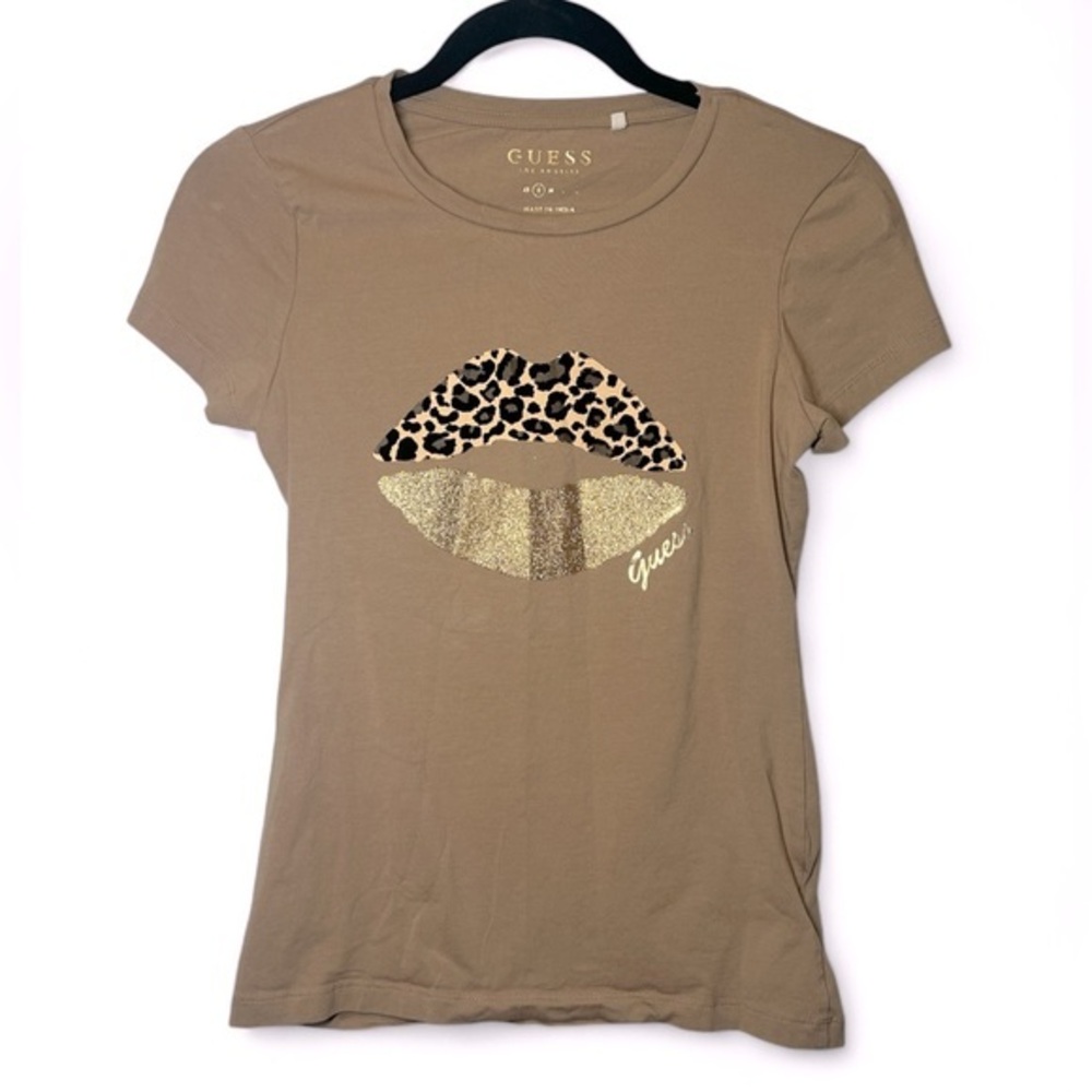 Guess Women S Los Angeles Velvet Glitter‎ Animal Print Lip Baby Tee